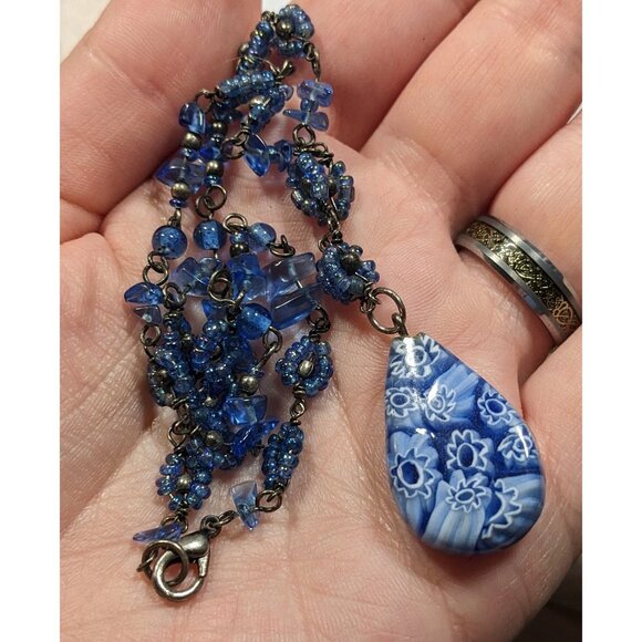 Handmade Blue Millefiori Glass Teardrop Pendant Necklace - Picture 3 of 5